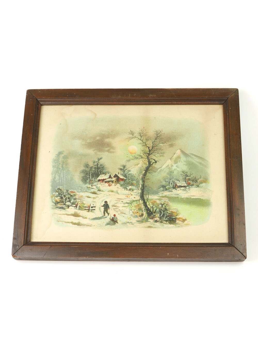 Antique Chromolithograph Print Winter Landscape Snow Sled Cabin Mountains Framed